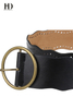 HongDing Black Retro Wide Irregular Hollow-Out PU Belts With Bronze Ring Pin Buckle For Women