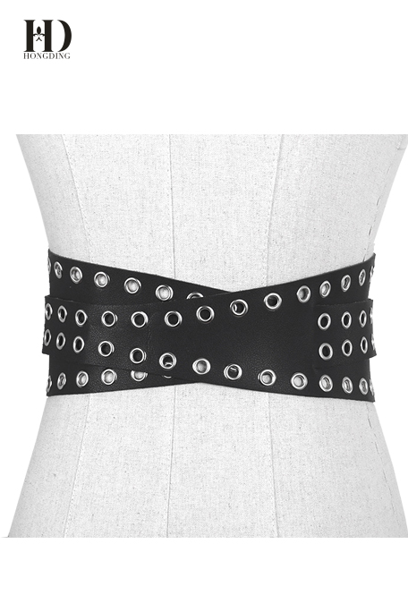 HongDing Black Rivet Waist Sealing Hollow-Out PU Belts with Double Pin Buckle for Women