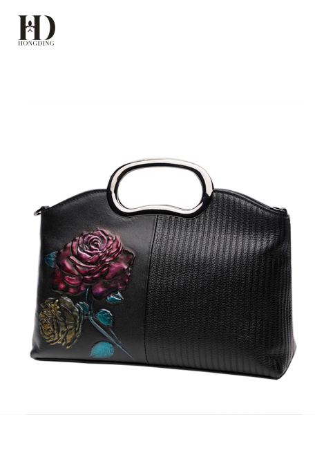 HD Black Three-Dimensional Cowhide Leather Carving Handbags with Metal Shoulder Strap for Women