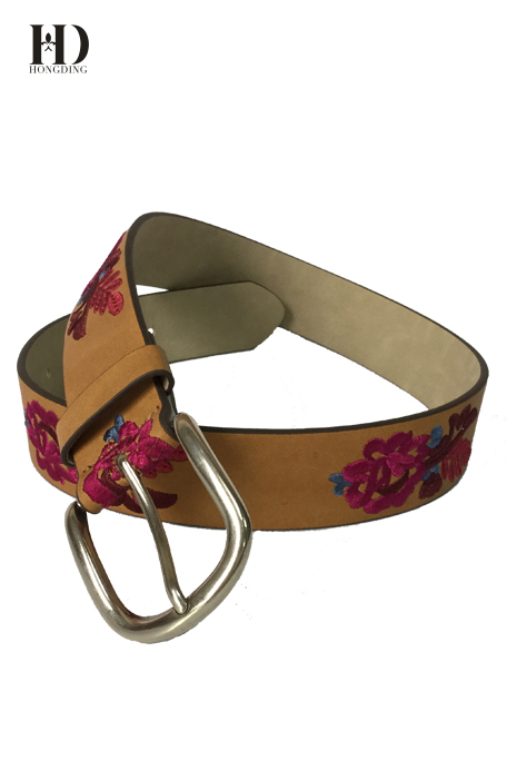HongDing Tan Classical Fashion Embroidery Women PU Belt With Pin Buckle
