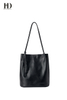 HongDing Black Genuine Cowhide Leather Handbags with Manual Tassel for Women