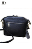 HongDing Black Lychee Genuine Cowhide Leather Shoulder-Bag with Double-Zipper for Women