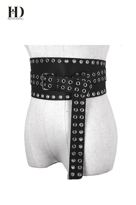 HongDing Black Rivet Waist Sealing Hollow-Out PU Belts with Double Pin Buckle for Women