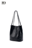 HongDing Black Genuine Cowhide Leather Handbags with Manual Tassel for Women