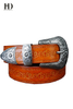 HongDing Yellow Genuine Leather Carved Belts with Pin Buckle Retro Three-Piece Belt for Women