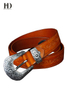 HongDing Yellow Genuine Leather Carved Belts with Pin Buckle Retro Three-Piece Belt for Women