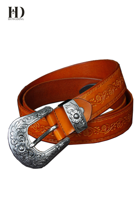 HongDing Yellow Genuine Leather Carved Belts with Pin Buckle Retro Three-Piece Belt for Women