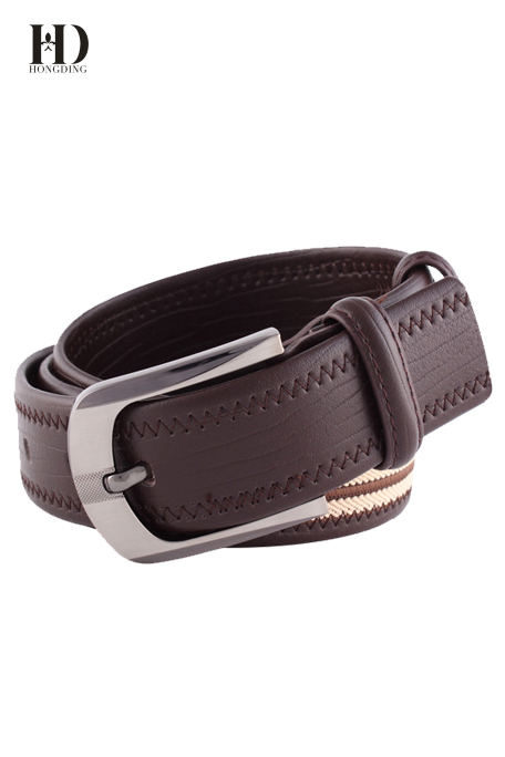 HongDing Coffee Canvas Genuine Leather Splicing Belts with Pin Buckle Fashion Belt for Men