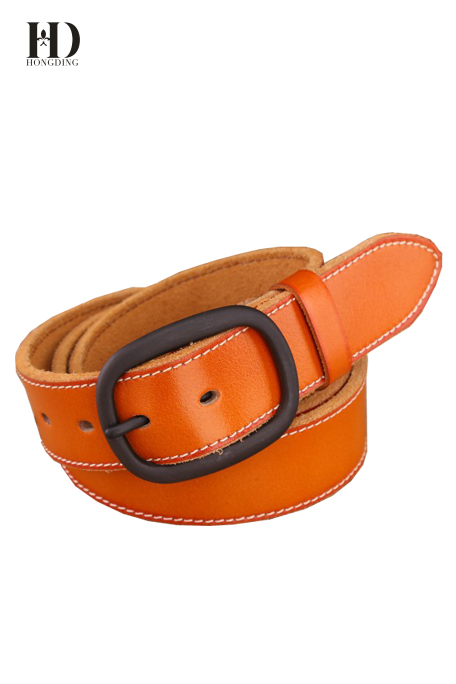 HongDing Khaki Genuine Leather Belts with Central Bar Buckle Retro Jeans Belt for Men