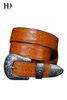 HongDing Yellow Genuine Leather Carved Belts with Pin Buckle Retro Three-Piece Belt for Women