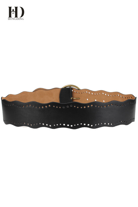 HongDing Black Retro Wide Irregular Hollow-Out PU Belts With Bronze Ring Pin Buckle For Women