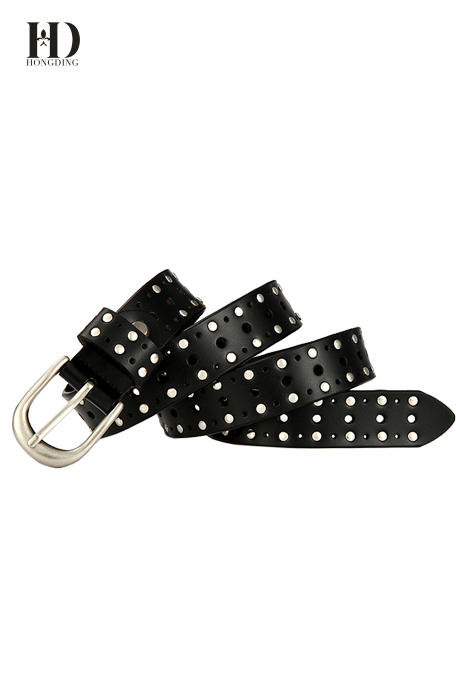 HongDing Black Cowhide Leather Hollow-out Rivet Belts with Alloy Buckle for Women