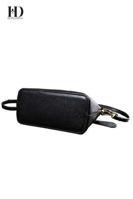 HongDing Black Lychee Genuine Cowhide Leather Shoulder-Bag with Double-Zipper for Women