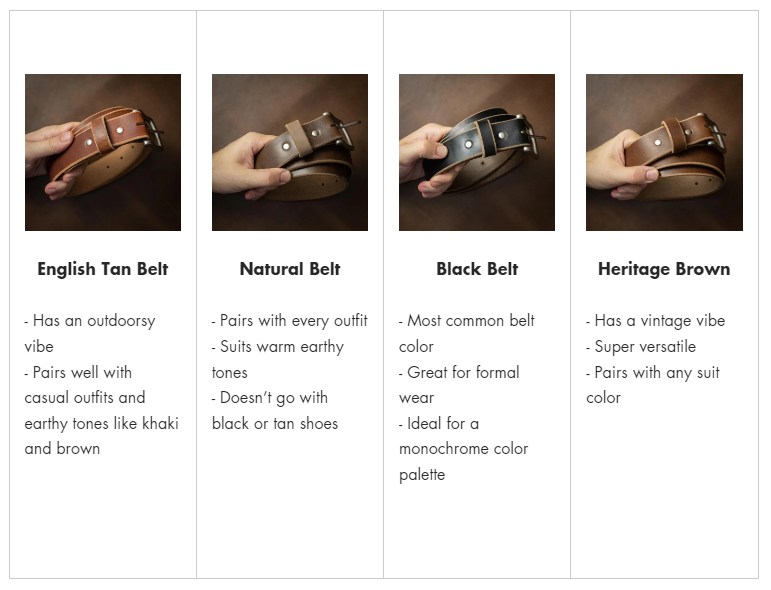 A photo of top grain leather belts in different colors and styles