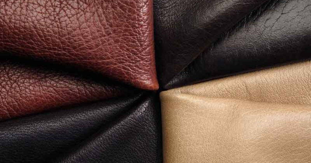 Close-up image of different leather types (full grain, top grain, genuine leather, and bonded leather)