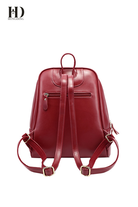 HongDing Red Cowhide Leather Backpack Travel Bag with Smooth Zipper for Women