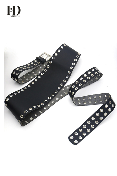 HongDing Black Rivet Waist Sealing Hollow-Out PU Belts with Double Pin Buckle for Women